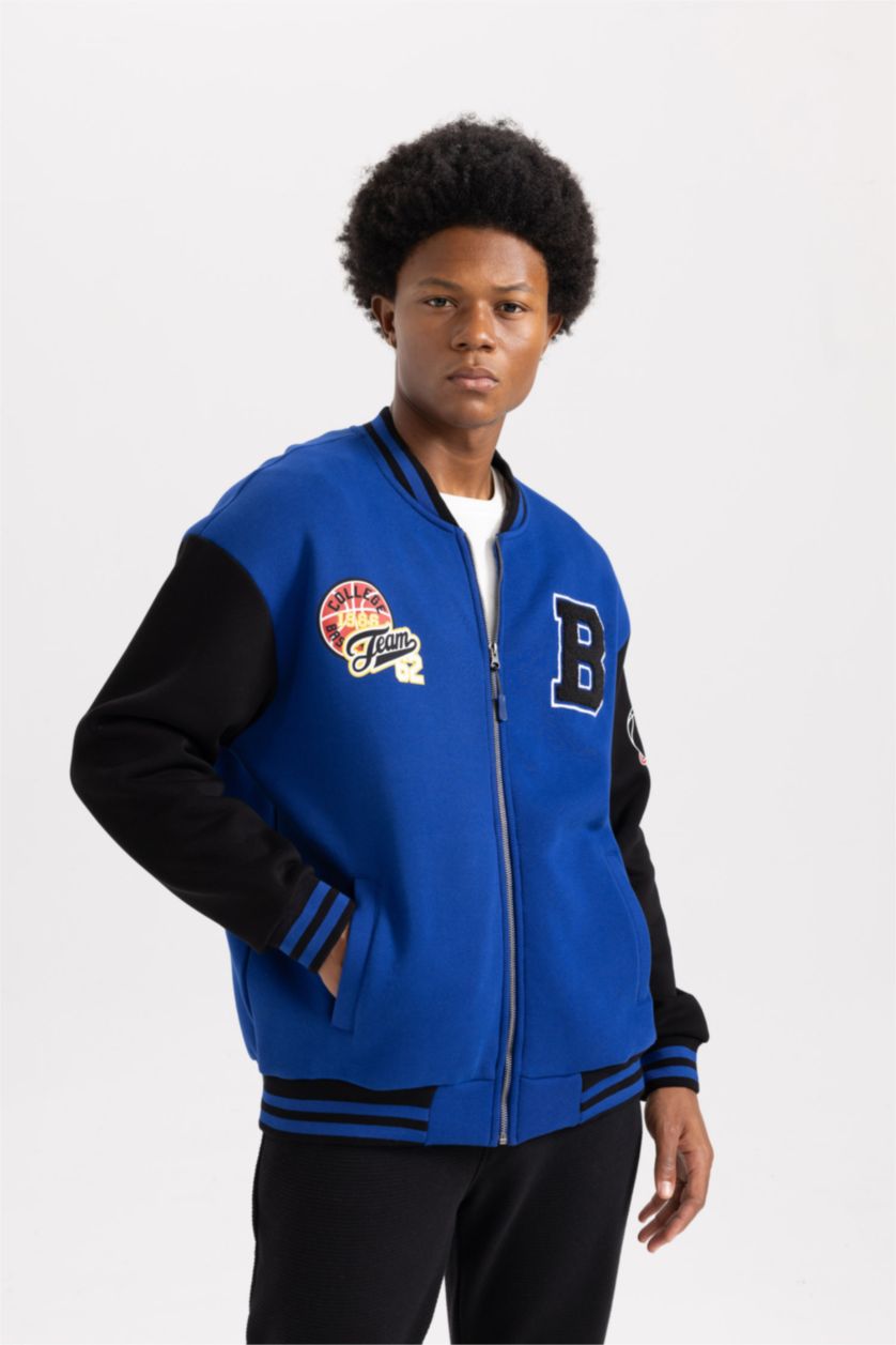 Erkek Saks Oversize Geniş Kalıp Kolej Yaka Fermuarlı Cepli Sırt Baskılı Bomber Hırka