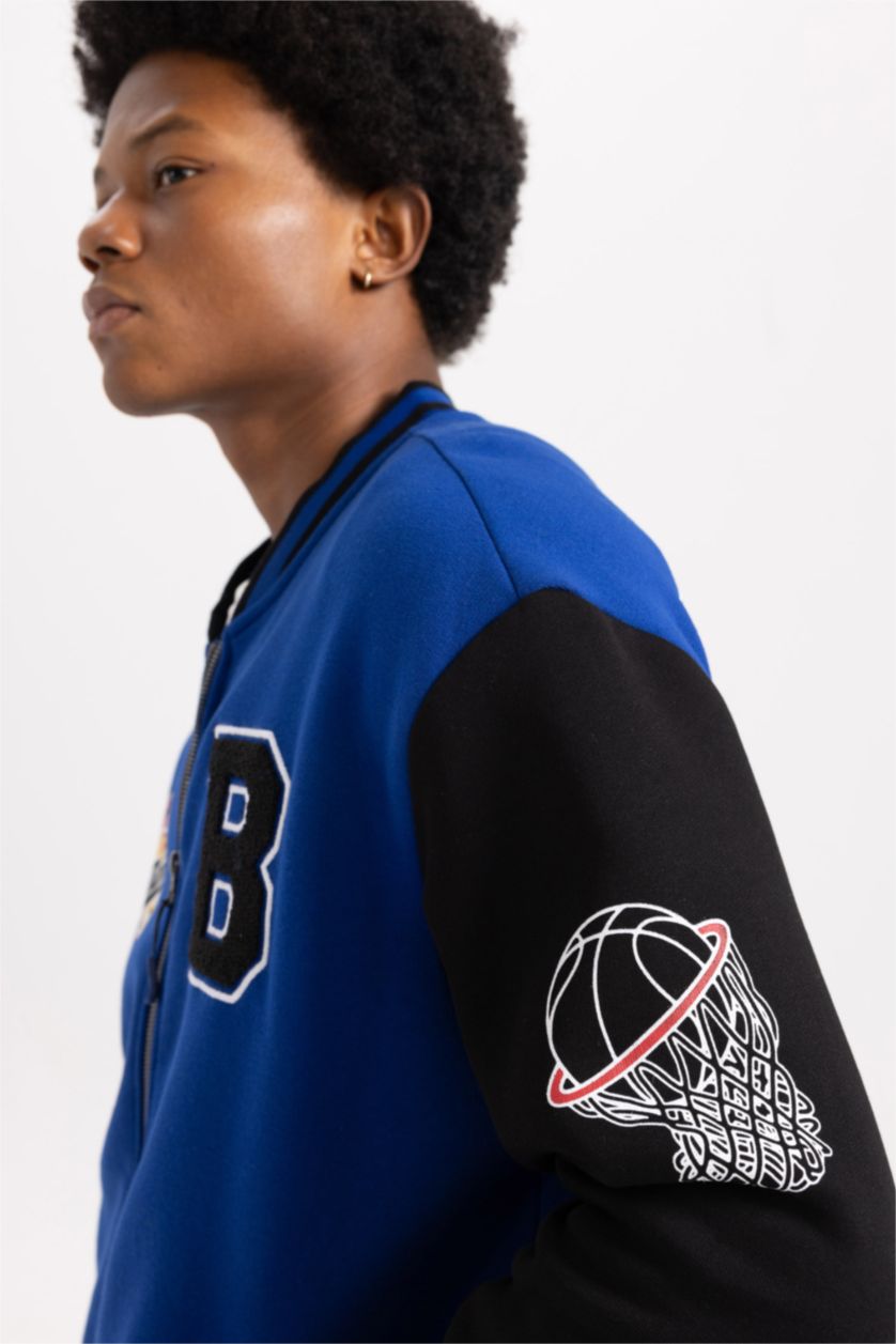 Erkek Saks Oversize Geniş Kalıp Kolej Yaka Fermuarlı Cepli Sırt Baskılı Bomber Hırka