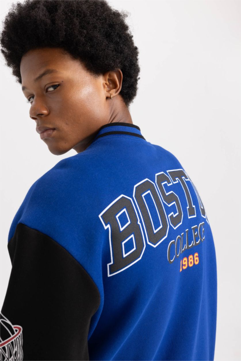 Erkek Saks Oversize Geniş Kalıp Kolej Yaka Fermuarlı Cepli Sırt Baskılı Bomber Hırka