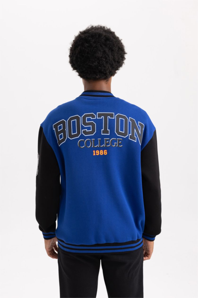 Erkek Saks Oversize Geniş Kalıp Kolej Yaka Fermuarlı Cepli Sırt Baskılı Bomber Hırka