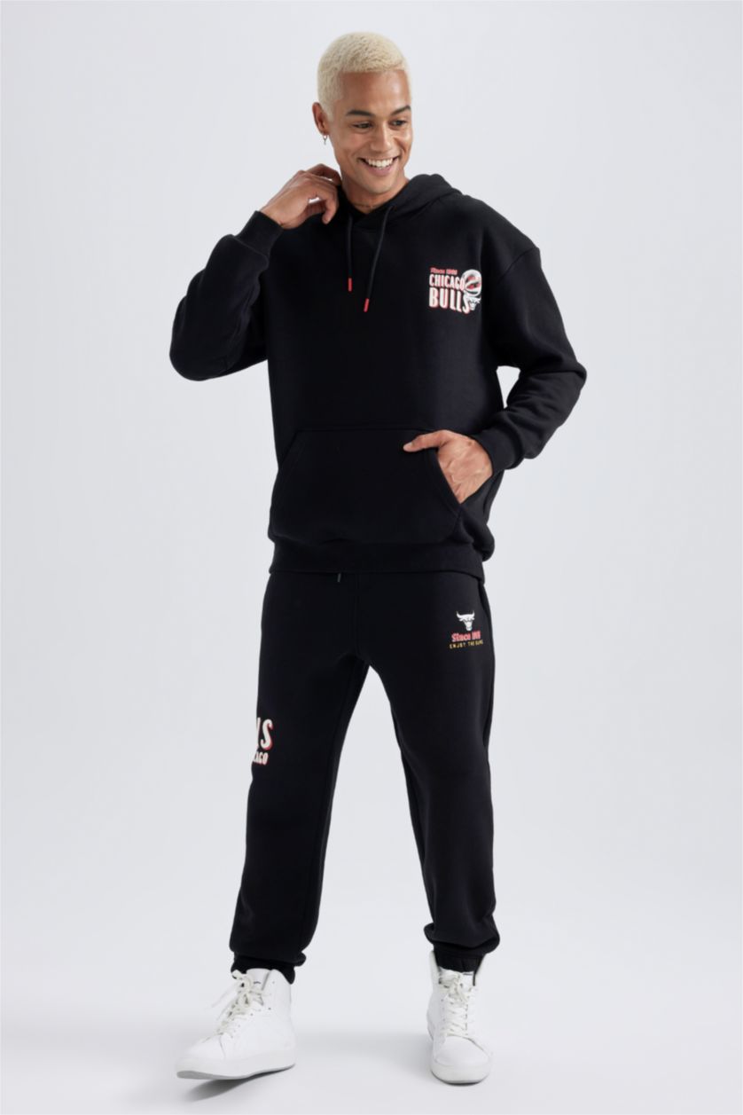 HOMME Noir Sweat- Shirt Coupe Boxy Imprimé Chicago Bulls Encapuchonné De DefactoFit NBA