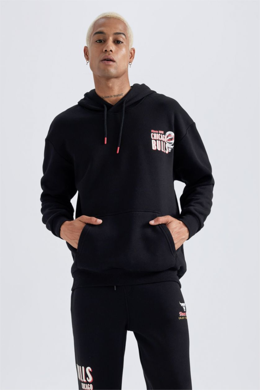 HOMME Noir Sweat- Shirt Coupe Boxy Imprimé Chicago Bulls Encapuchonné De DefactoFit NBA