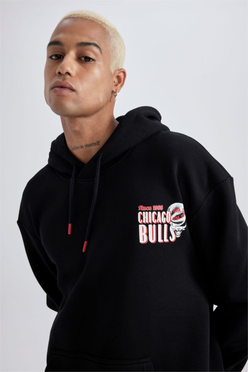 HOMME Noir Sweat- Shirt Coupe Boxy Imprimé Chicago Bulls Encapuchonné De DefactoFit NBA