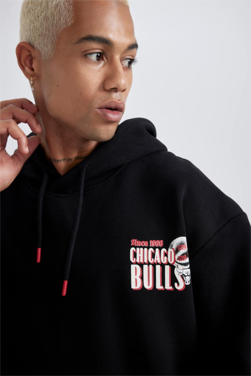 HOMME Noir Sweat- Shirt Coupe Boxy Imprimé Chicago Bulls Encapuchonné De DefactoFit NBA