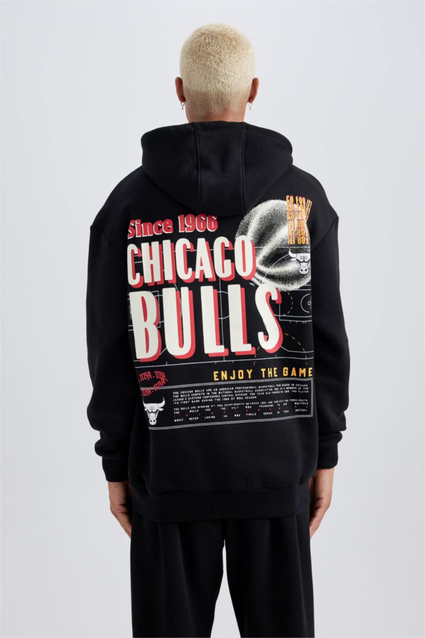 HOMME Noir Sweat- Shirt Coupe Boxy Imprimé Chicago Bulls Encapuchonné De DefactoFit NBA
