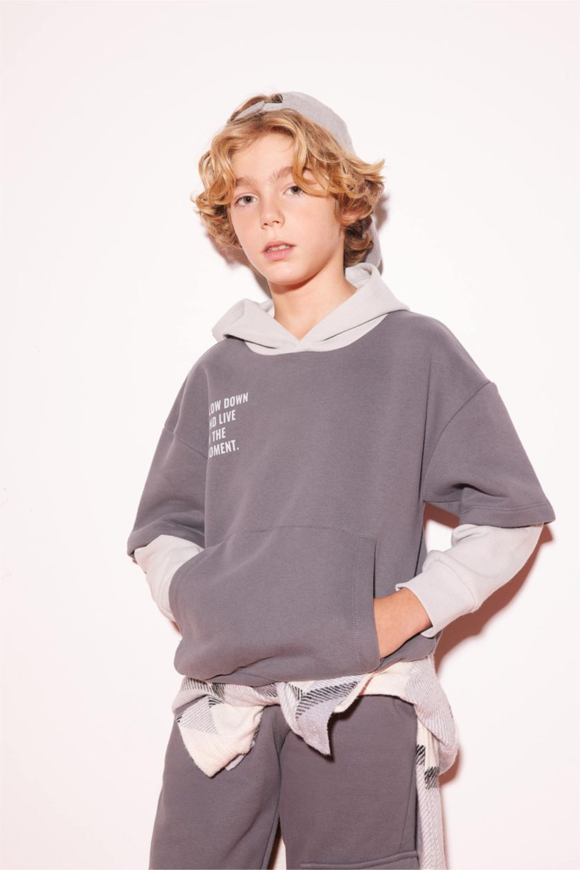 BOYS & TEENS Grey Boy Oversize Fit Hooded Sweatshirt