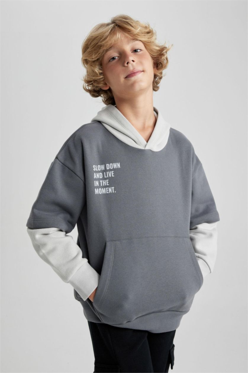 BOYS & TEENS Grey Boy Oversize Fit Hooded Sweatshirt