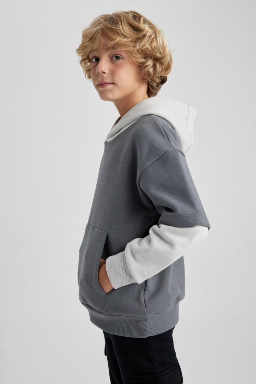 BOYS & TEENS Grey Boy Oversize Fit Hooded Sweatshirt