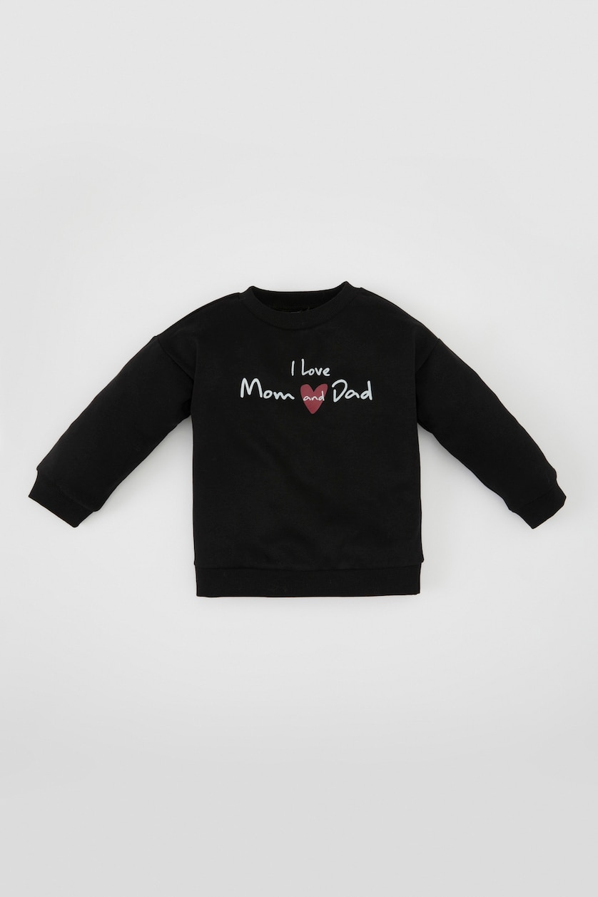 Kız Bebek Siyah Kız Bebek Siyah Bisiklet Yaka Baskılı Pamuklu Sweatshirt