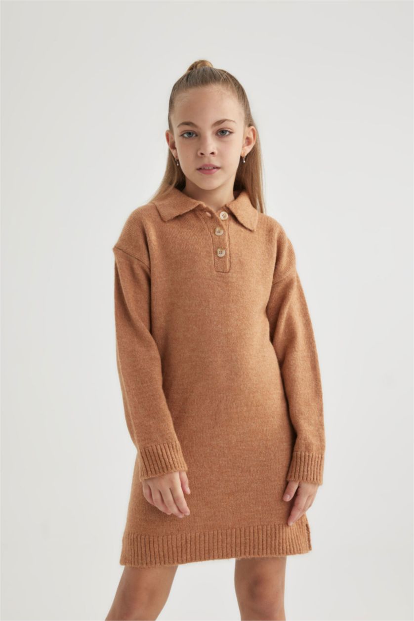 FILLES Beige Robe Tricot à Manches Longues à Col Polo Pour Fille