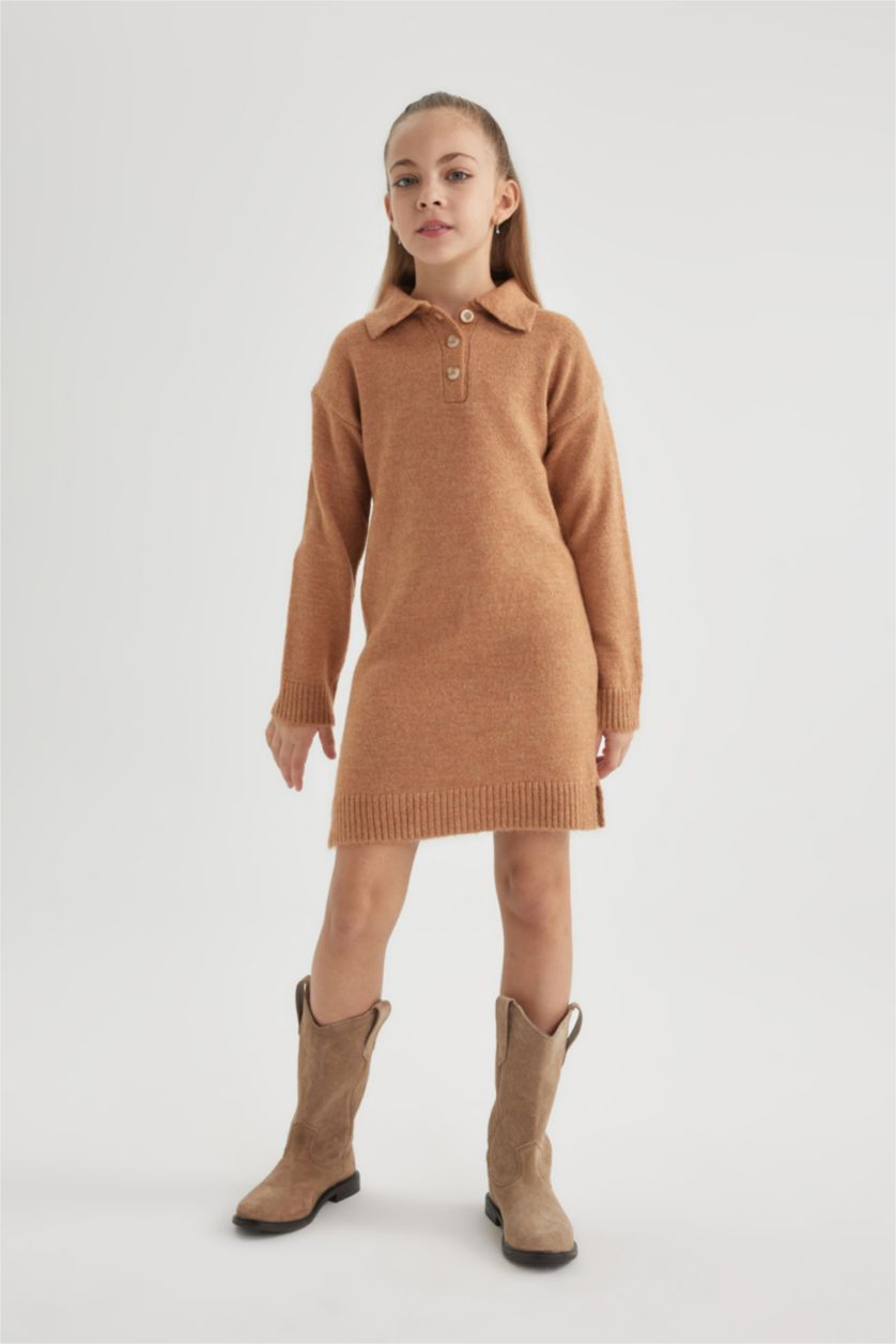 FILLES Beige Robe Tricot à Manches Longues à Col Polo Pour Fille
