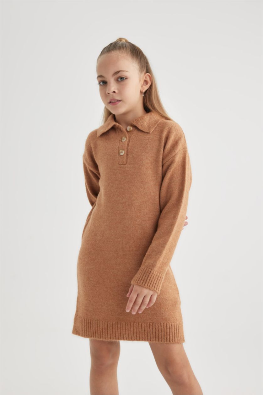 FILLES Beige Robe Tricot à Manches Longues à Col Polo Pour Fille