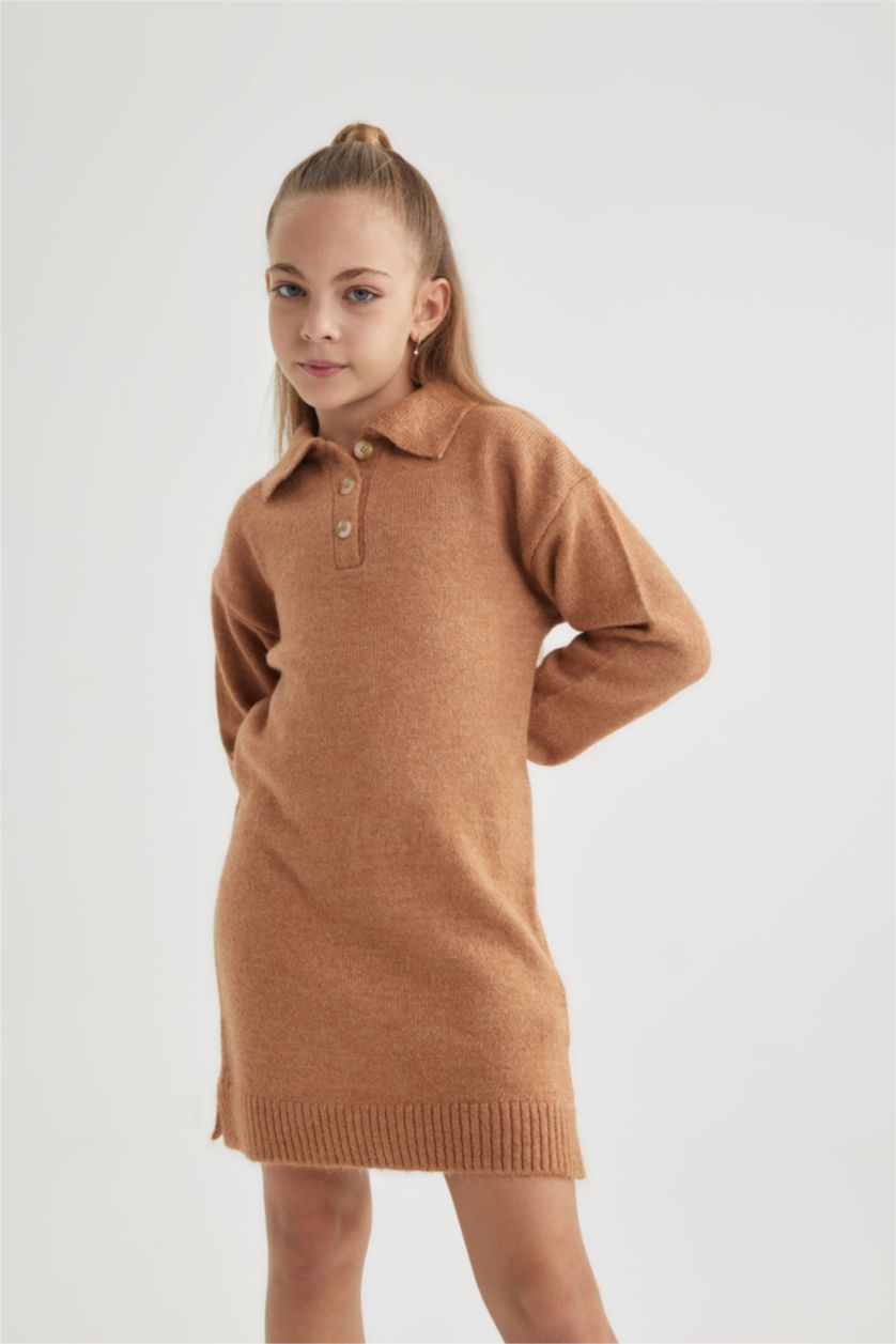 FILLES Beige Robe Tricot à Manches Longues à Col Polo Pour Fille