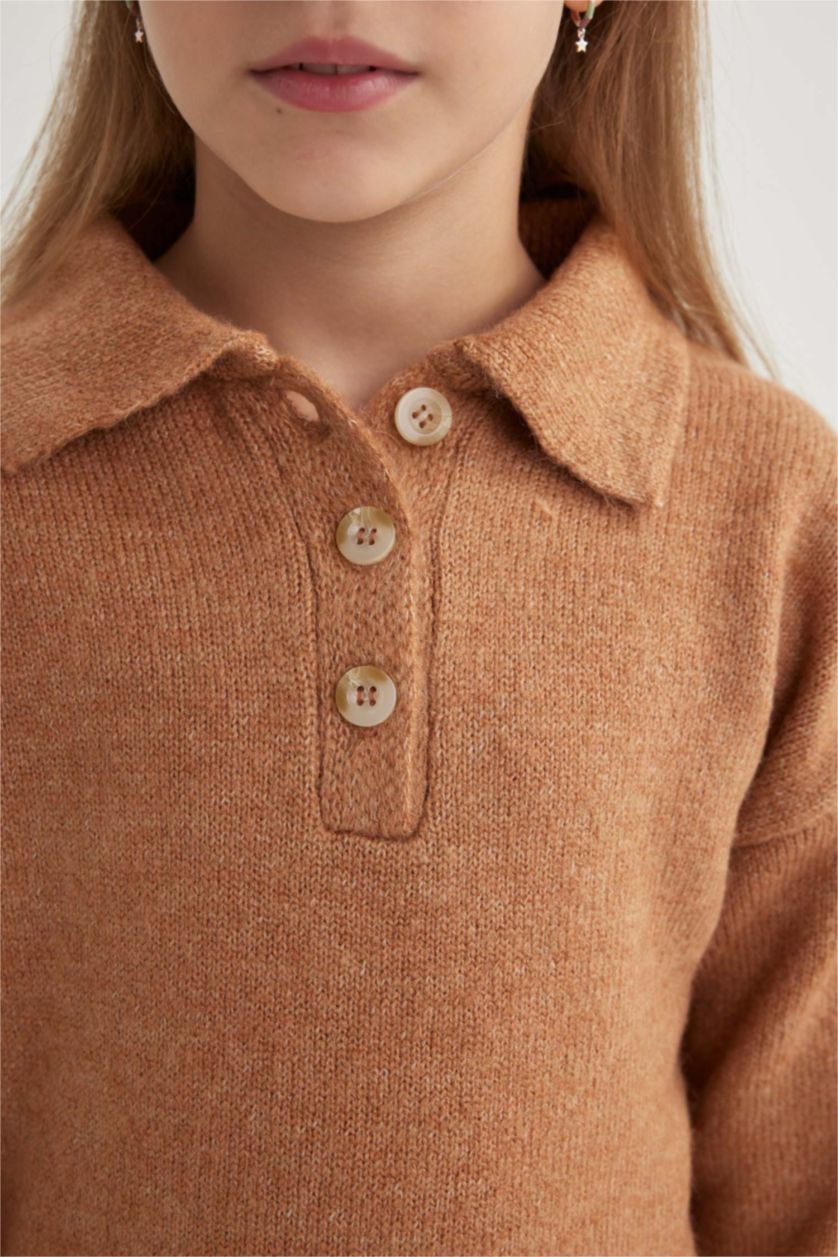 FILLES Beige Robe Tricot à Manches Longues à Col Polo Pour Fille