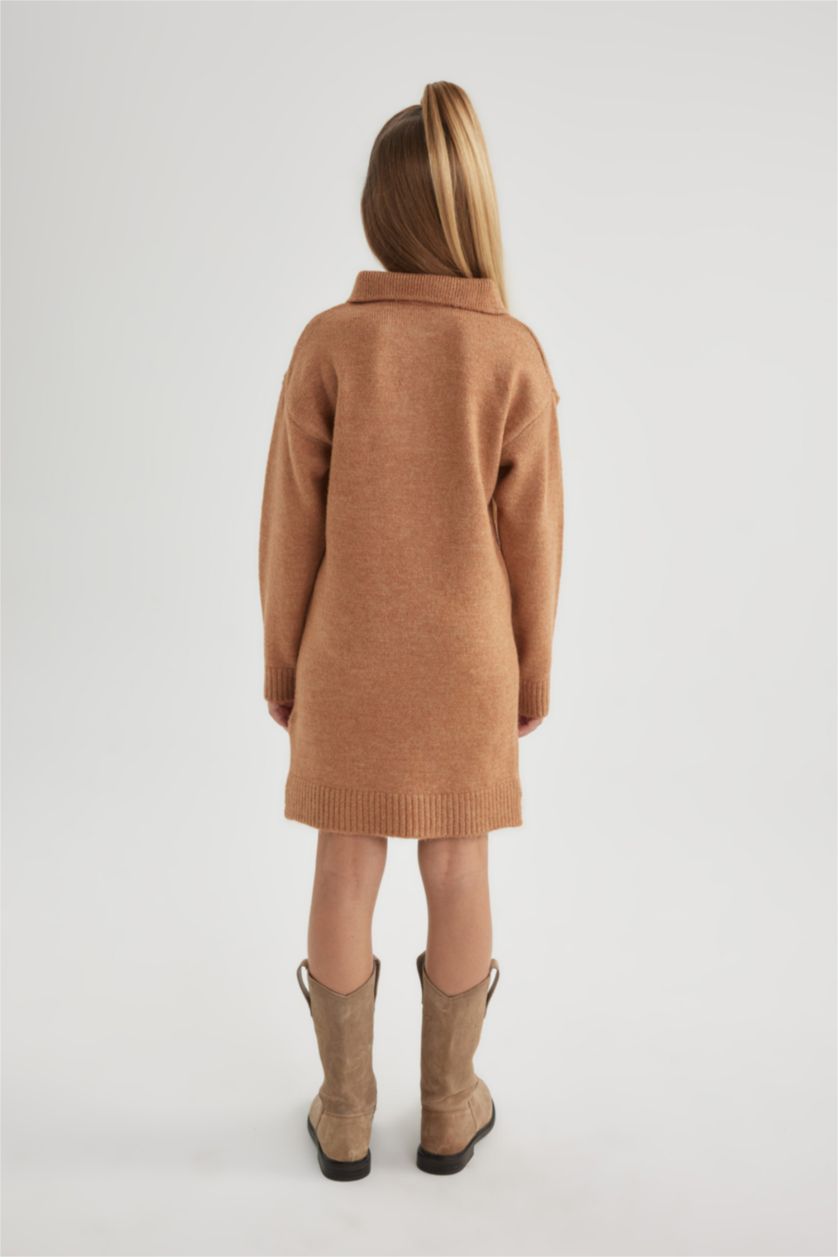 FILLES Beige Robe Tricot à Manches Longues à Col Polo Pour Fille