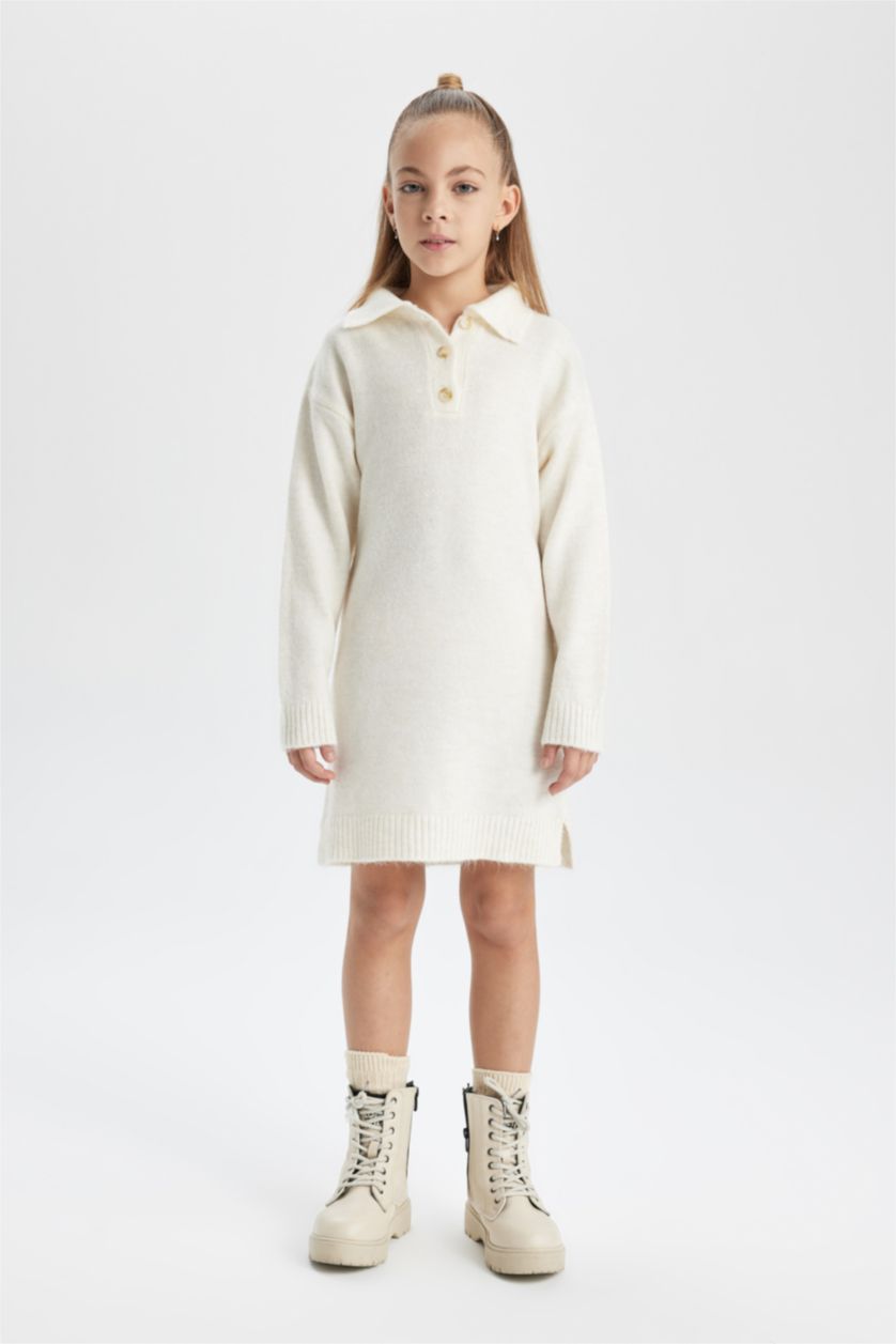 FILLES Écru Robe Tricot à Manches Longues à Col Polo Pour Fille