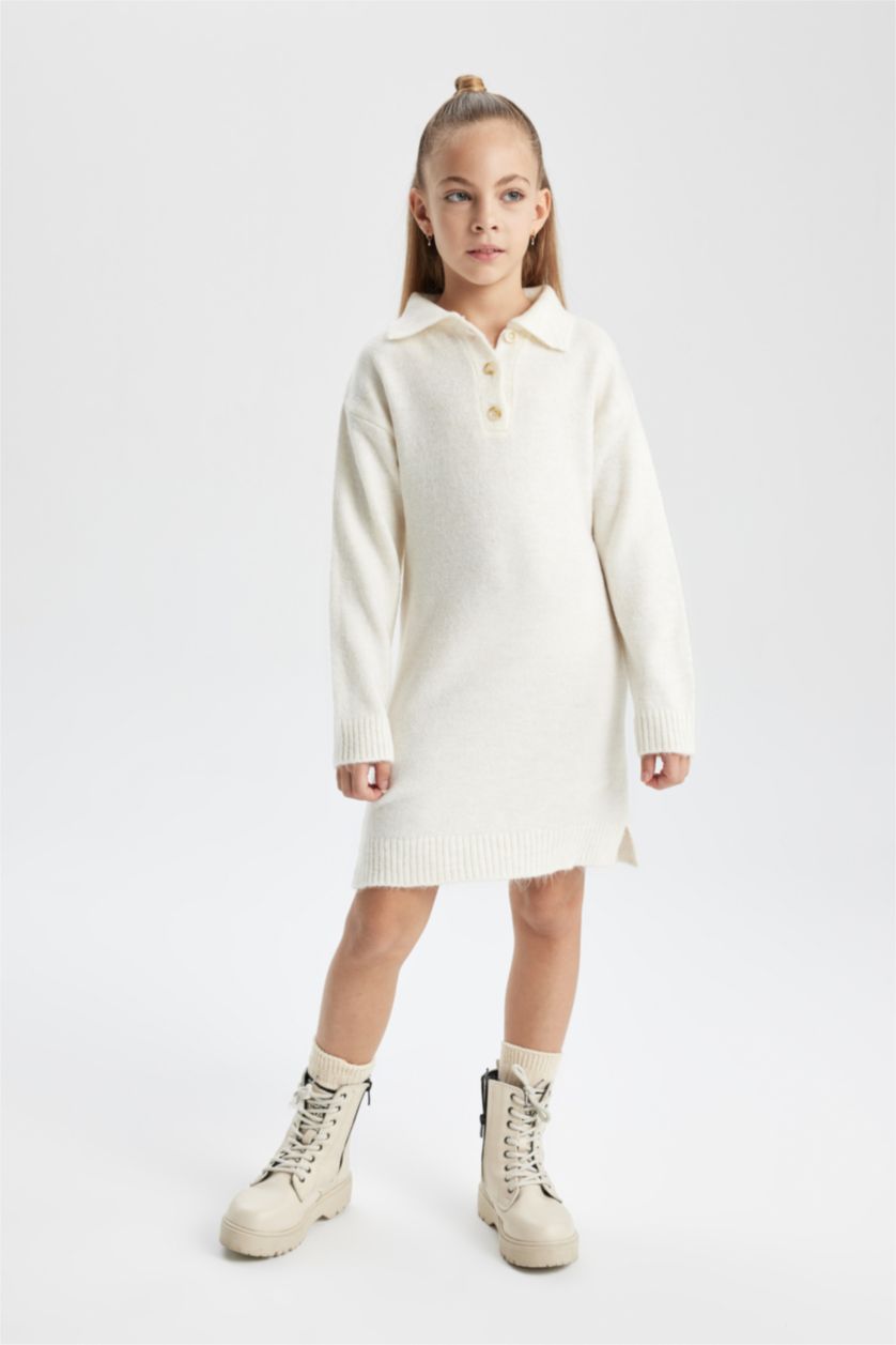 FILLES Écru Robe Tricot à Manches Longues à Col Polo Pour Fille
