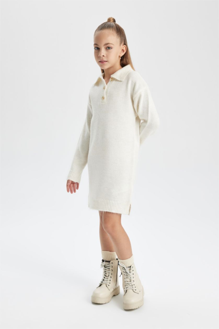 FILLES Écru Robe Tricot à Manches Longues à Col Polo Pour Fille