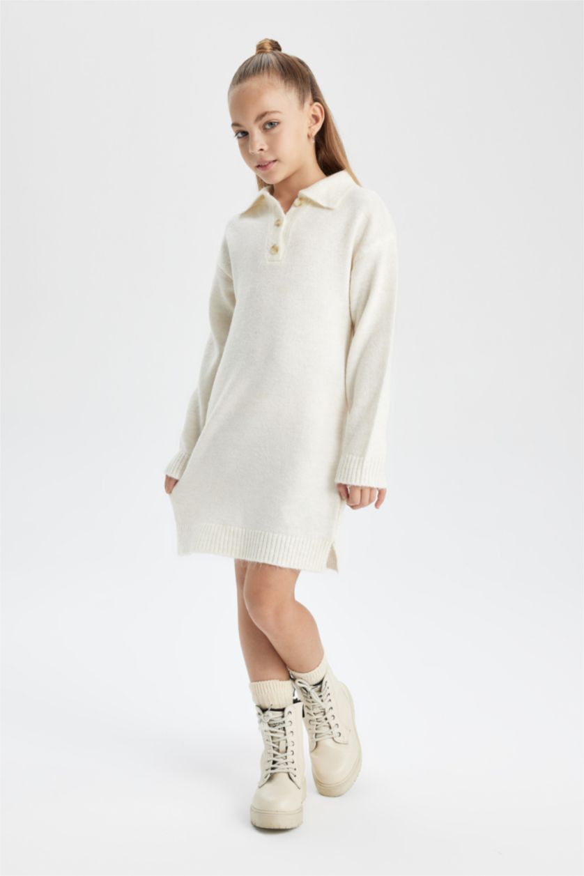 FILLES Écru Robe Tricot à Manches Longues à Col Polo Pour Fille