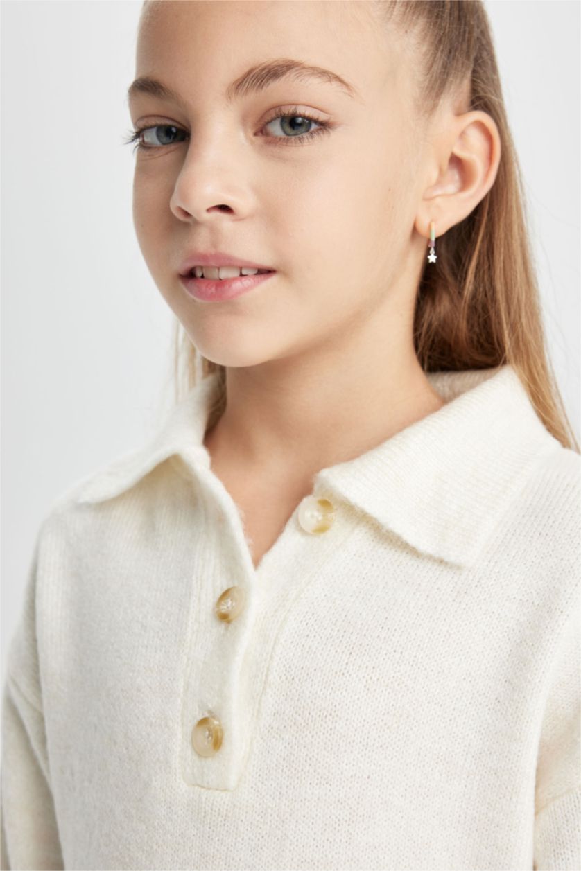 FILLES Écru Robe Tricot à Manches Longues à Col Polo Pour Fille