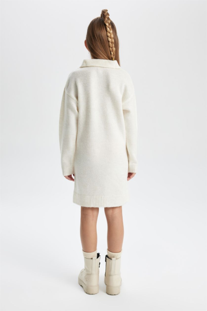 FILLES Écru Robe Tricot à Manches Longues à Col Polo Pour Fille