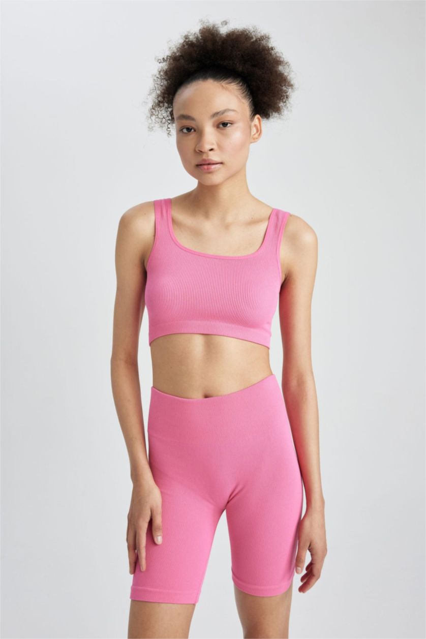 Kadın Pembe DeFactoFit Crop Top Bisiklet Yaka Sporcu Bralet Atlet
