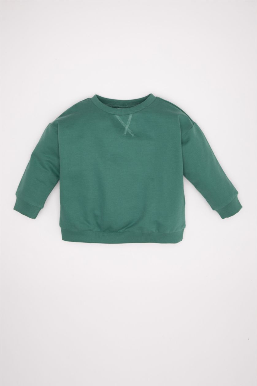 Erkek Bebek Yeşil Bisiklet Yaka Basic Düz Sweatshirt Erkek Bebek