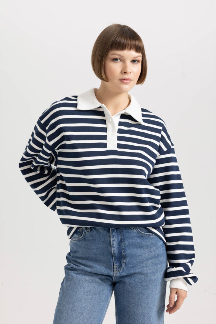 نساء كحلي Relax Fit Thin Sweatshirt Fabric Sweatshirt