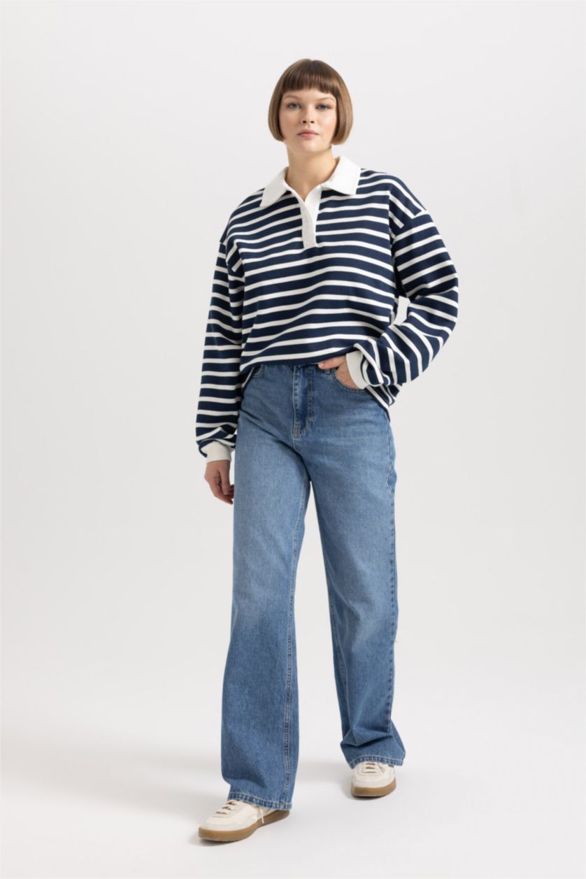 نساء كحلي Relax Fit Thin Sweatshirt Fabric Sweatshirt