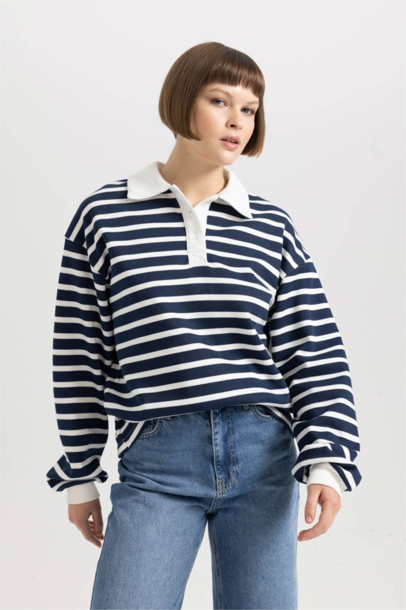 نساء كحلي Relax Fit Thin Sweatshirt Fabric Sweatshirt