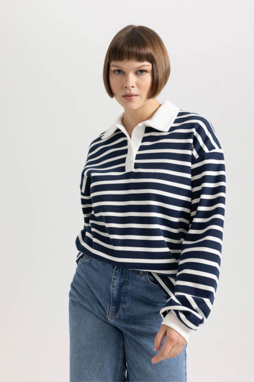 نساء كحلي Relax Fit Thin Sweatshirt Fabric Sweatshirt