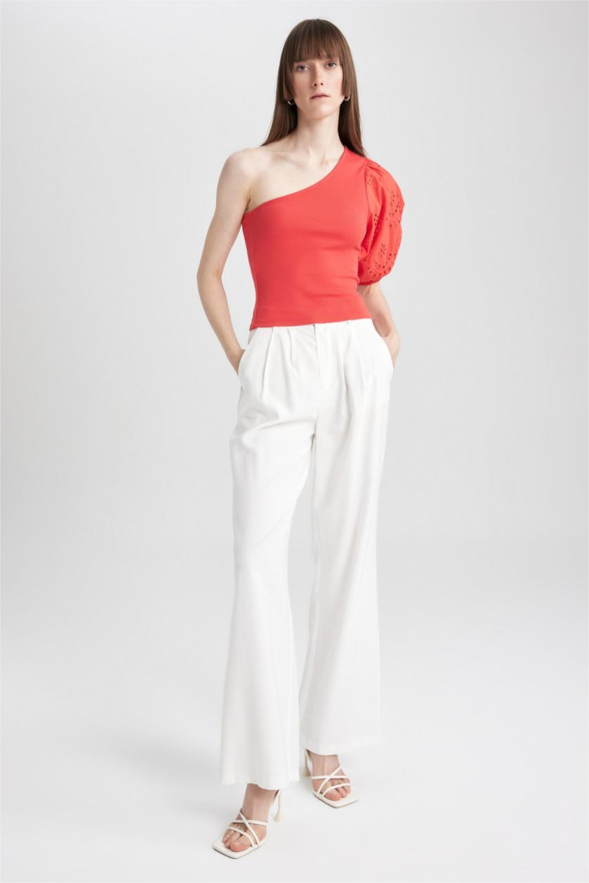 حريمي أحمر تيشيرت مضلع سليم فيت بكتف واحد