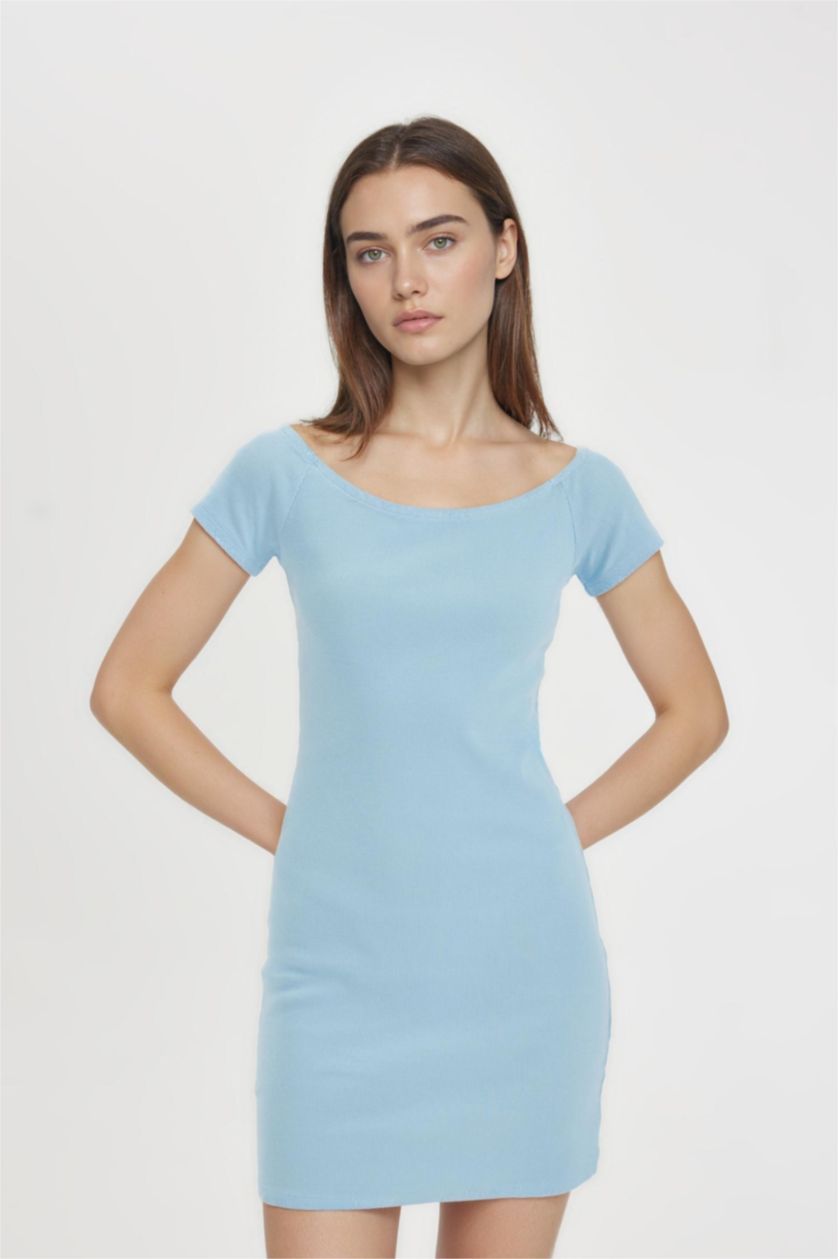 Kadın Mavi Coool Bodycon Vücuda Oturan Kayık Yaka Basic Düz Fitilli Kaşkorse Kısa Kollu Mini Elbise