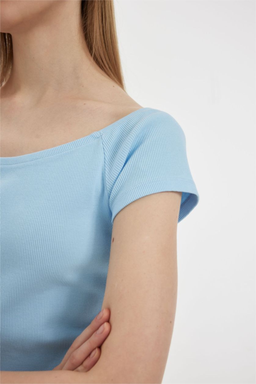 Kadın Mavi Coool Bodycon Vücuda Oturan Kayık Yaka Basic Düz Fitilli Kaşkorse Kısa Kollu Mini Elbise