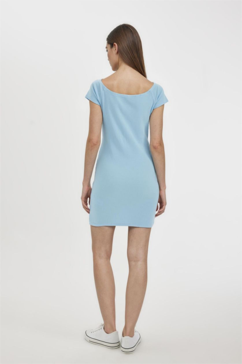 Kadın Mavi Coool Bodycon Vücuda Oturan Kayık Yaka Basic Düz Fitilli Kaşkorse Kısa Kollu Mini Elbise