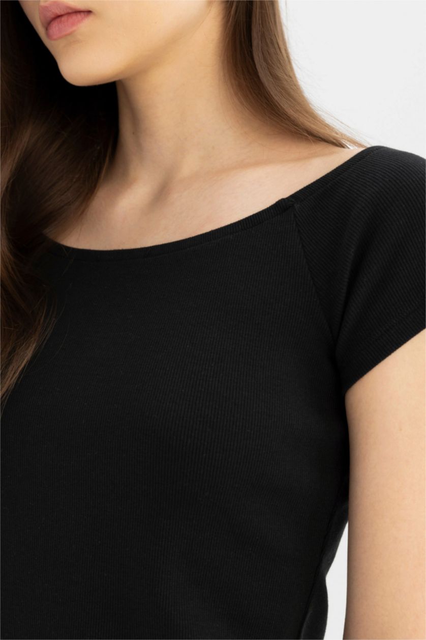 Kadın Siyah Coool Bodycon Vücuda Oturan Kayık Yaka Basic Düz Fitilli Kaşkorse Kısa Kollu Mini Elbise