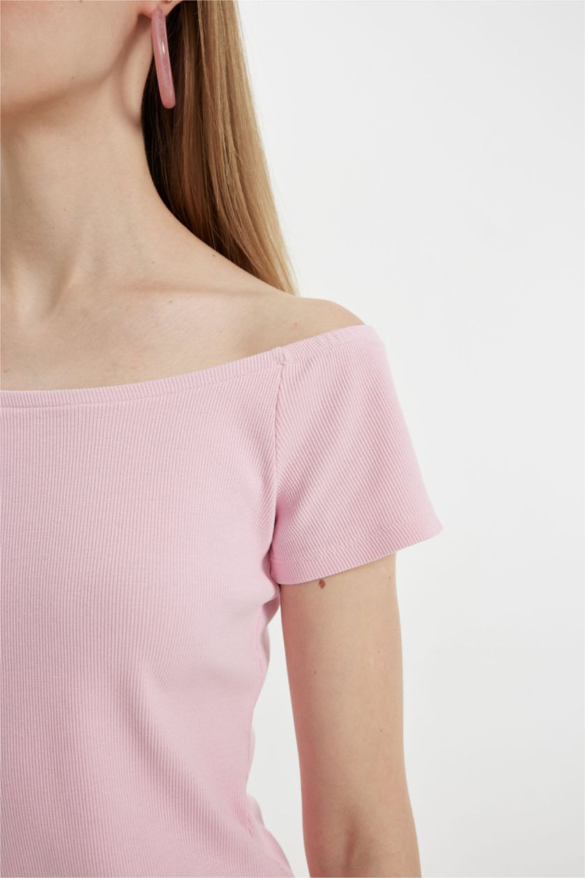 Kadın Açık Pembe Coool Bodycon Vücuda Oturan Kayık Yaka Basic Düz Fitilli Kaşkorse Kısa Kollu Mini Elbise