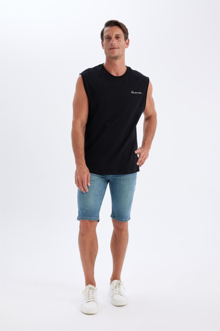 MAN Black Boxy Fit Printed Crew Neck Sleeveless T-Shirt