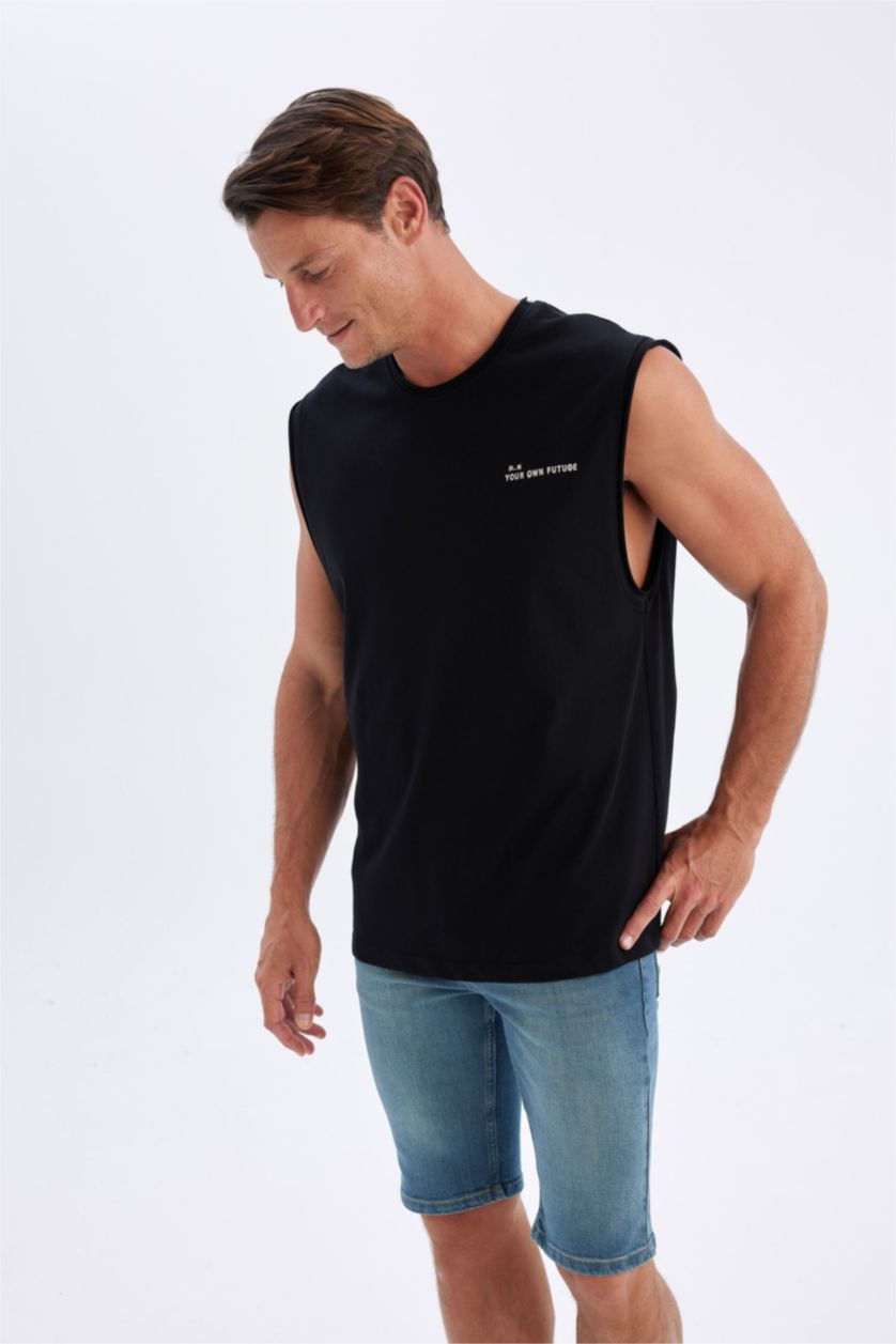 MAN Black Boxy Fit Printed Crew Neck Sleeveless T-Shirt