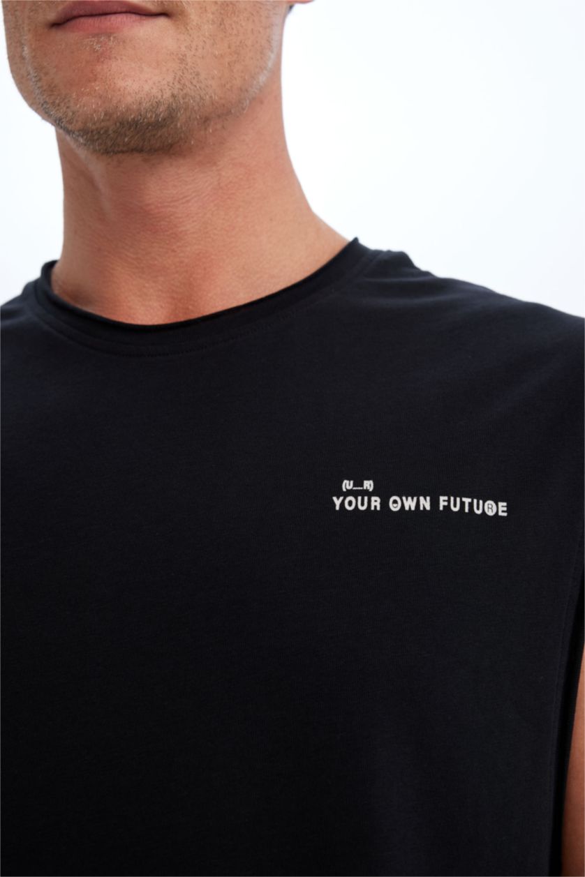 MAN Black Boxy Fit Printed Crew Neck Sleeveless T-Shirt