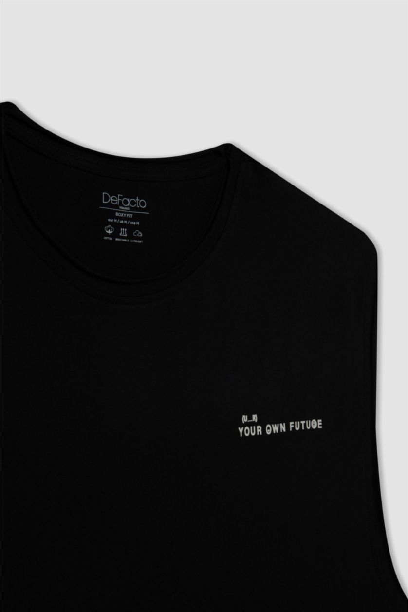 MAN Black Boxy Fit Printed Crew Neck Sleeveless T-Shirt