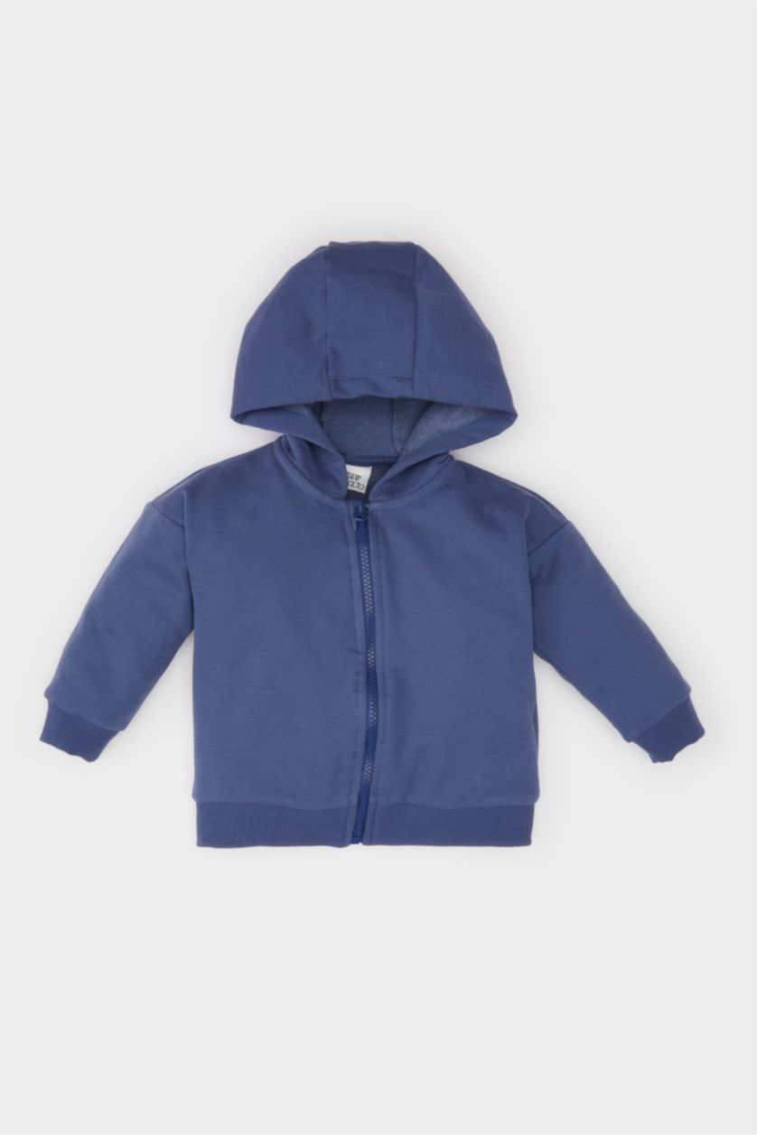 Erkek Bebek İndigo Erkek Bebek Kapüşonlu Basic Düz İçi Yumuşak Tüylü Fermuarlı Sweatshirt 