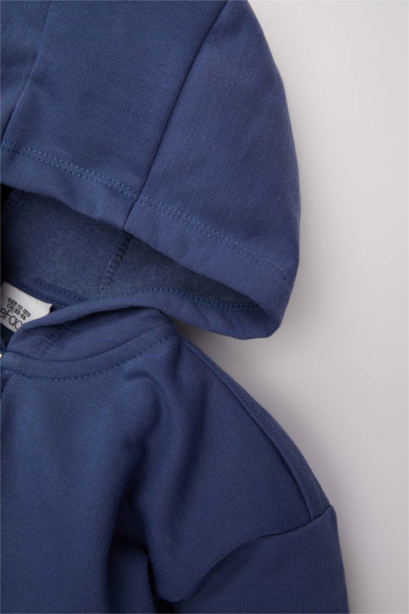 Erkek Bebek İndigo Erkek Bebek Kapüşonlu Basic Düz İçi Yumuşak Tüylü Fermuarlı Sweatshirt 