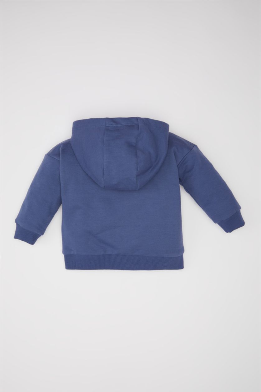 Erkek Bebek İndigo Erkek Bebek Kapüşonlu Basic Düz İçi Yumuşak Tüylü Fermuarlı Sweatshirt 
