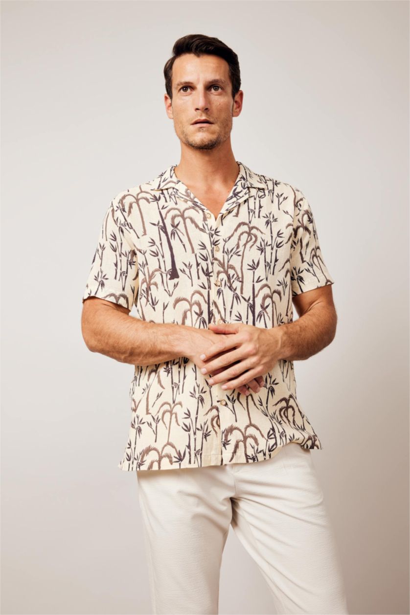MAN Beige Modern Fit Resort Neck Woven Printed Short Sleeve Shirt
