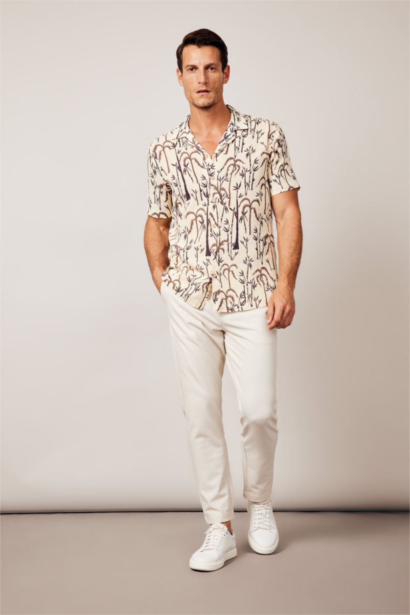 MAN Beige Modern Fit Resort Neck Woven Printed Short Sleeve Shirt