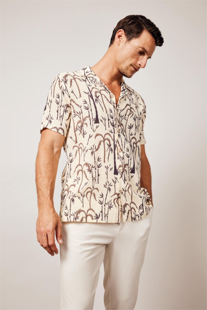 MAN Beige Modern Fit Resort Neck Woven Printed Short Sleeve Shirt