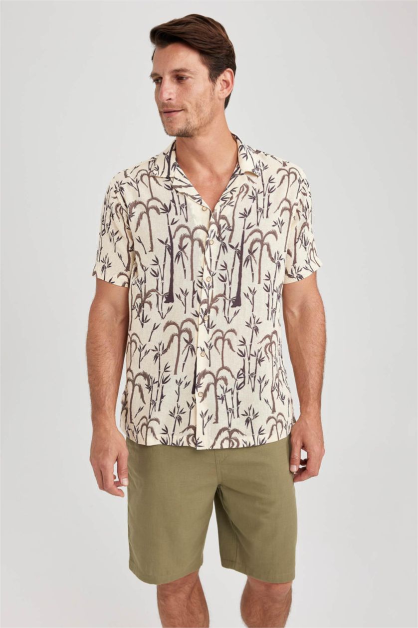 MAN Beige Modern Fit Resort Neck Woven Printed Short Sleeve Shirt