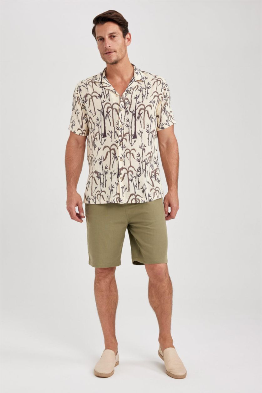 MAN Beige Modern Fit Resort Neck Woven Printed Short Sleeve Shirt