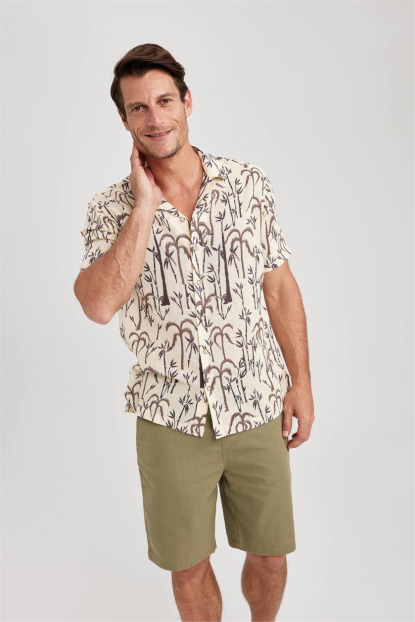 MAN Beige Modern Fit Resort Neck Woven Printed Short Sleeve Shirt